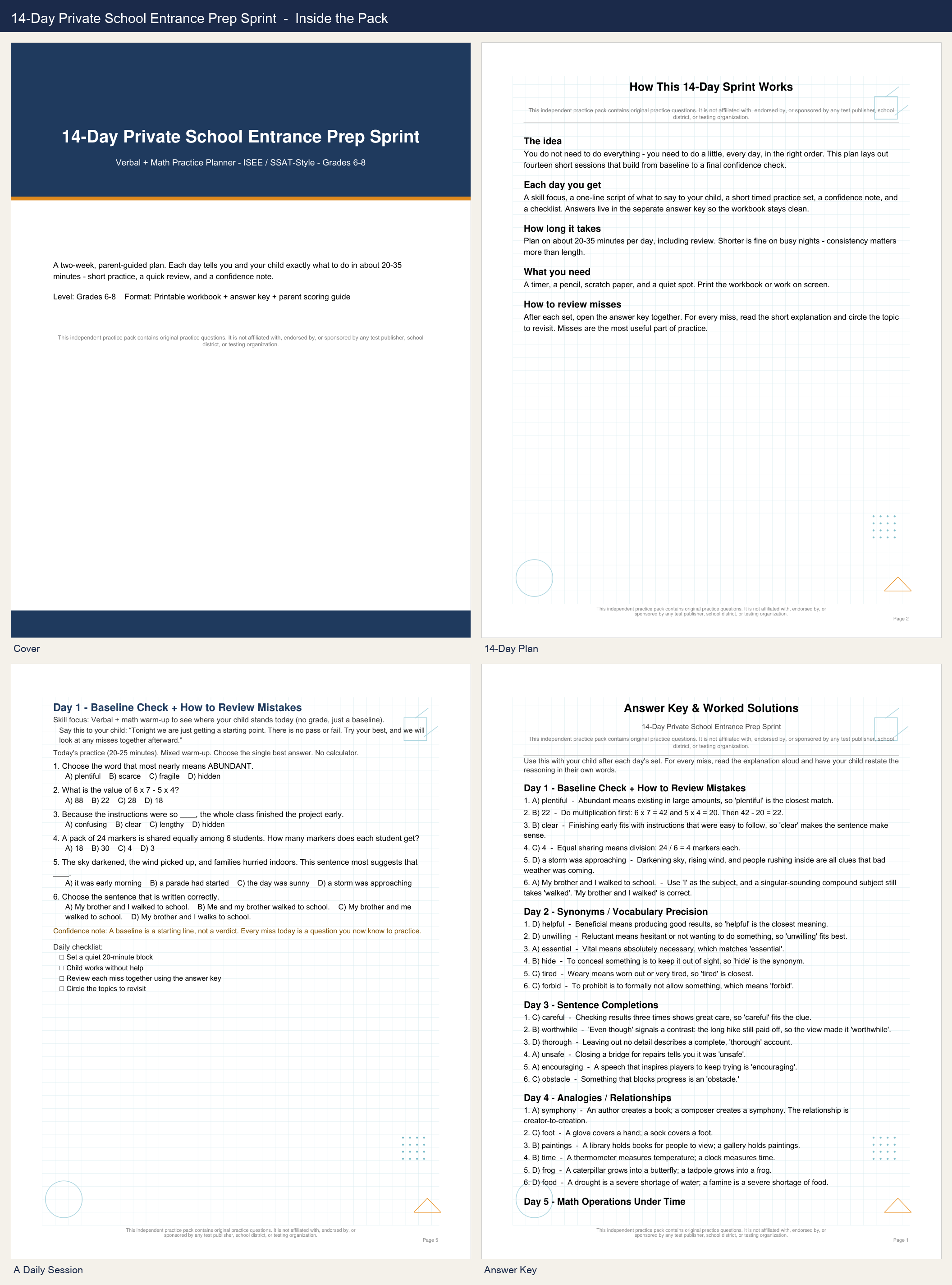 First-page preview of 14-Day Private School Prep Sprint
