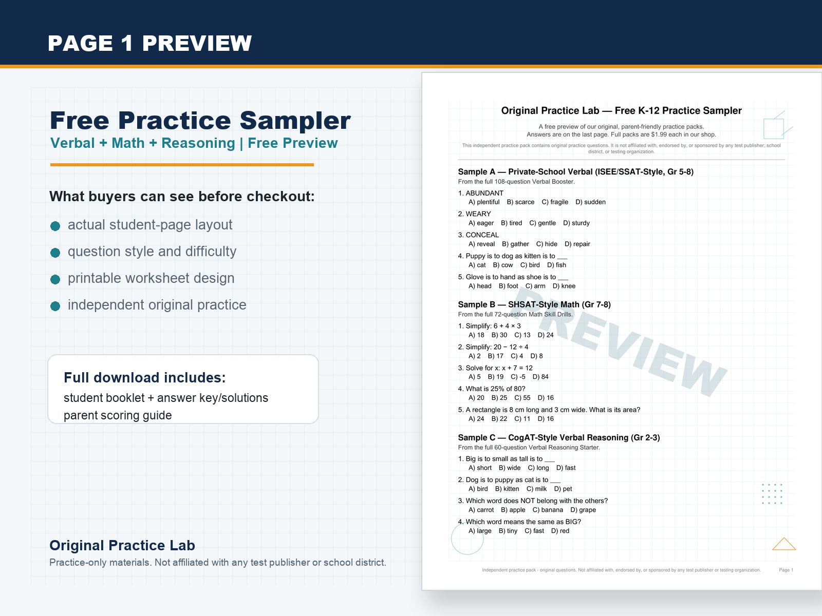 First-page preview of Free K-12 Practice Sampler