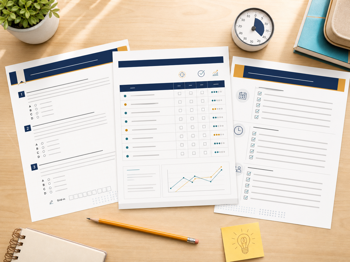 Printable practice tools, checklist, and weak-spot tracker on a warm desk