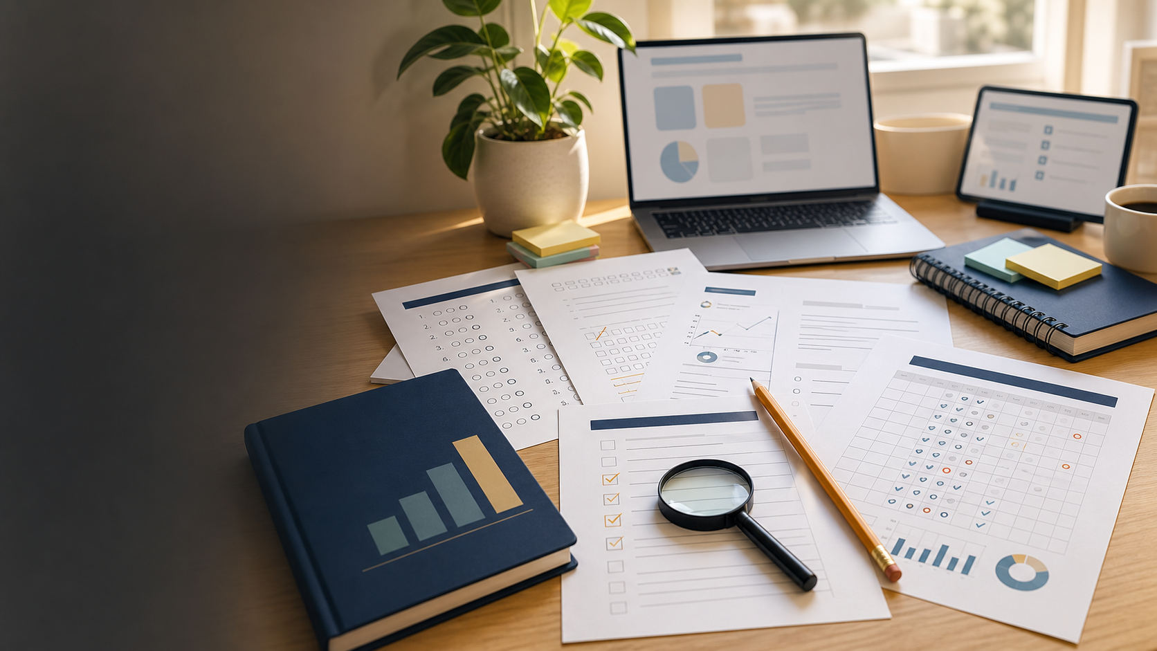 Warm desk scene with printable practice pages, tracker sheets, and digital learning tools
