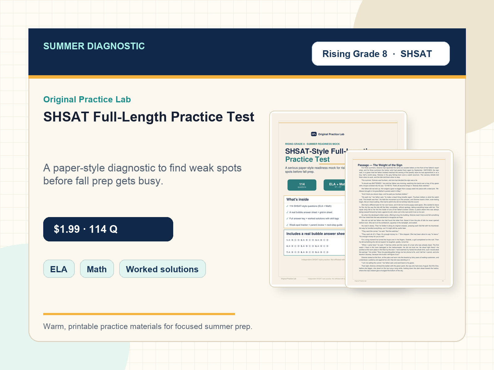 Cover for Summer SHSAT Diagnostic Test