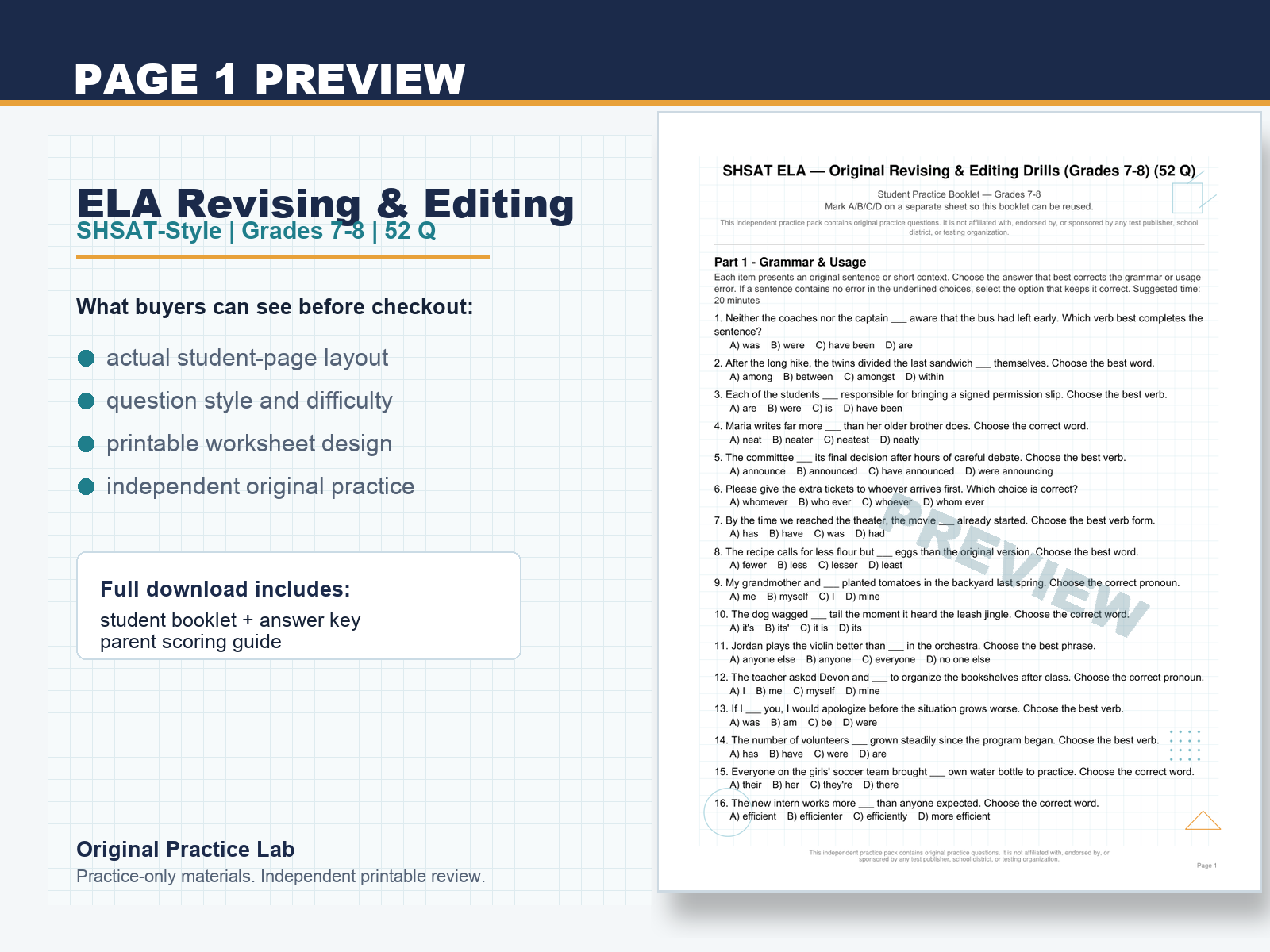 First-page preview of SHSAT ELA Revising & Editing