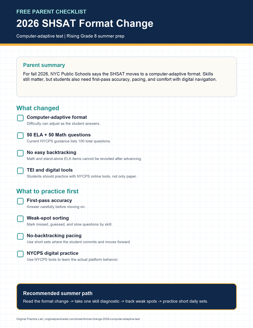 Preview page from Download the 2026 SHSAT Format Change Checklist