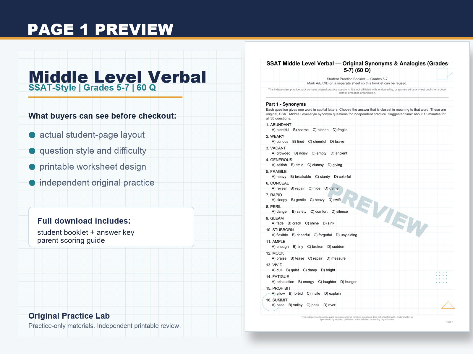 First-page preview of SSAT Middle Level Verbal